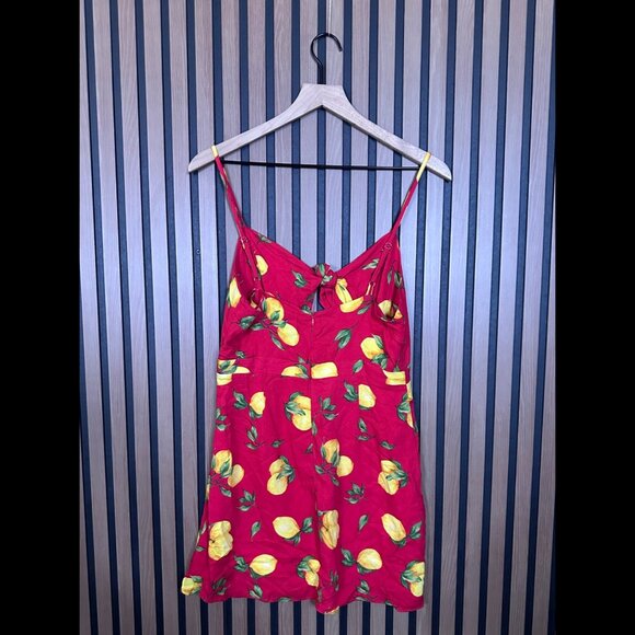 New Wild Honey Mini Dress Medium Red Lemon Print Front Tie Adjustable Strap - Picture 2 of 7